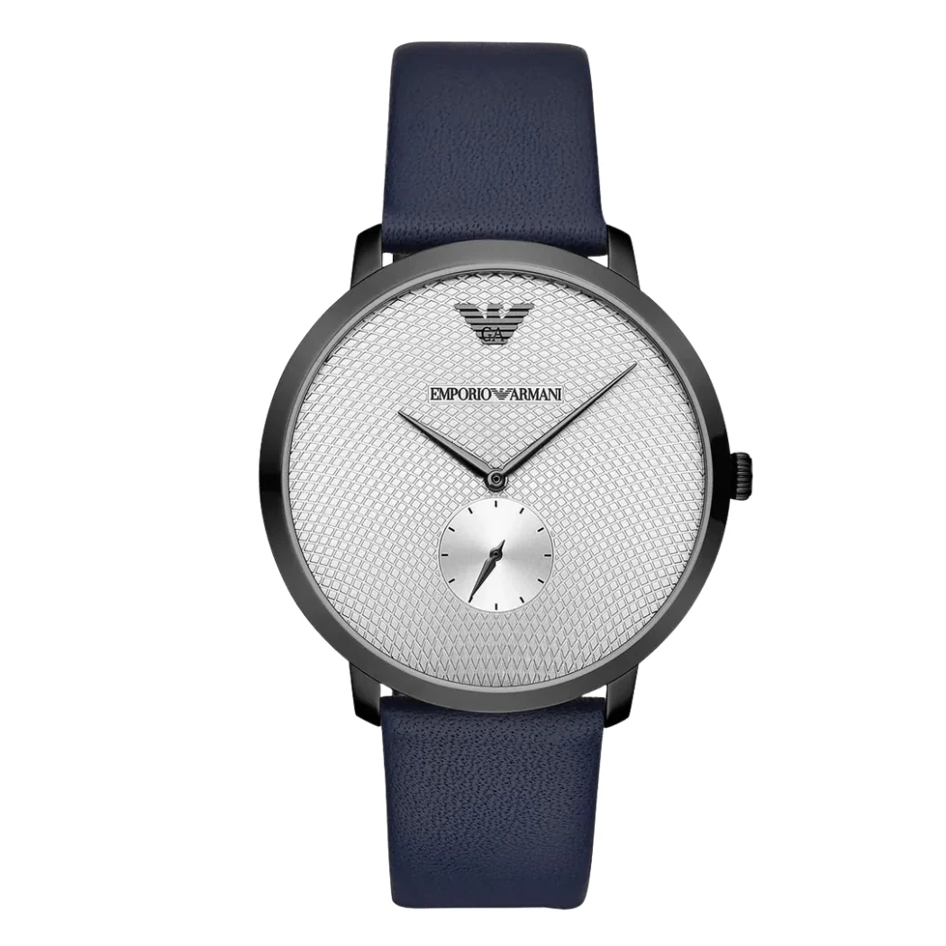 EMPORIO ARMANI Modern Slim Blue Leather Strap Silver Dial Quartz Watch for Gents - AR11214