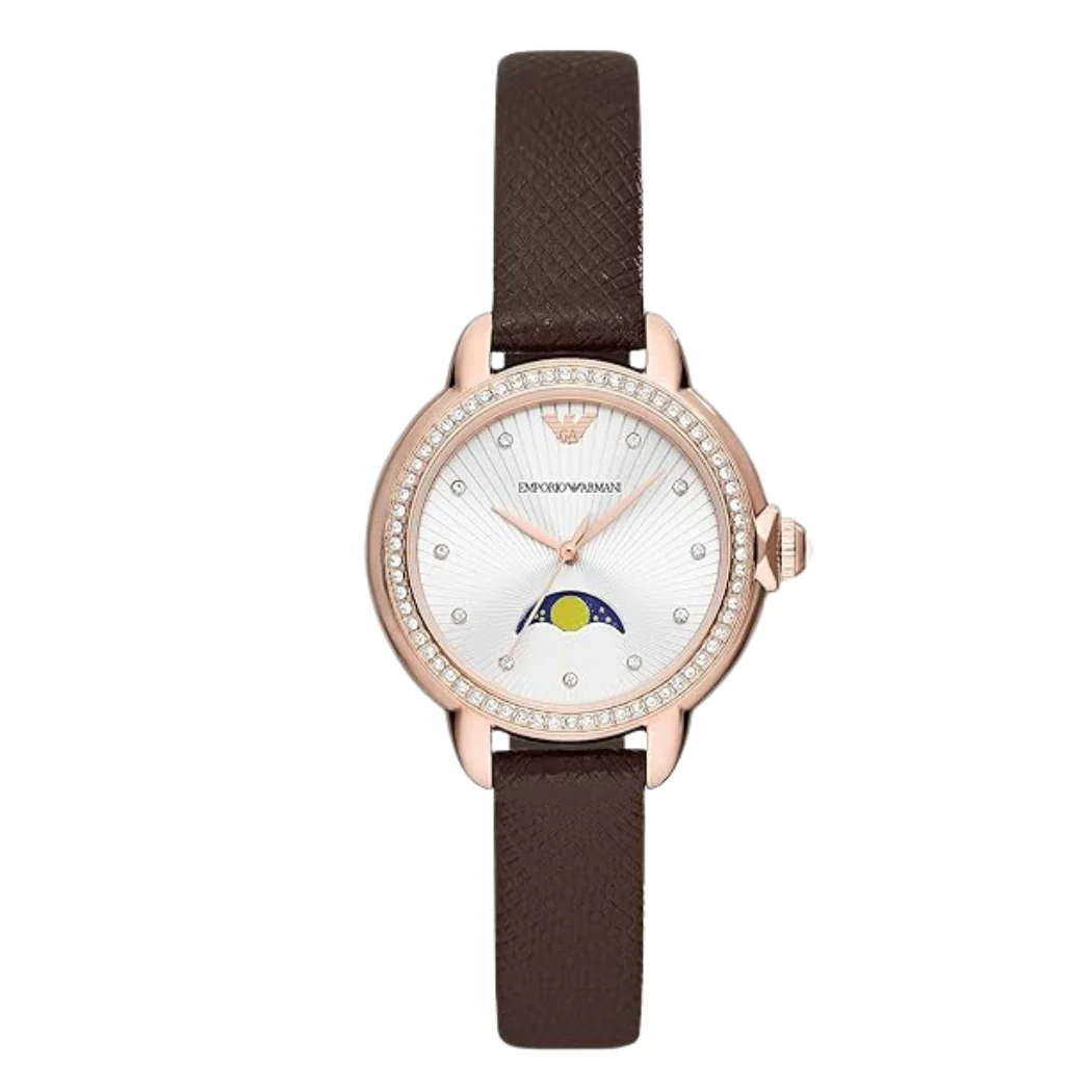 Emporio Armani Moonphase Brown Leather Strap Silver Dial Quartz Watch for Ladies - AR11568