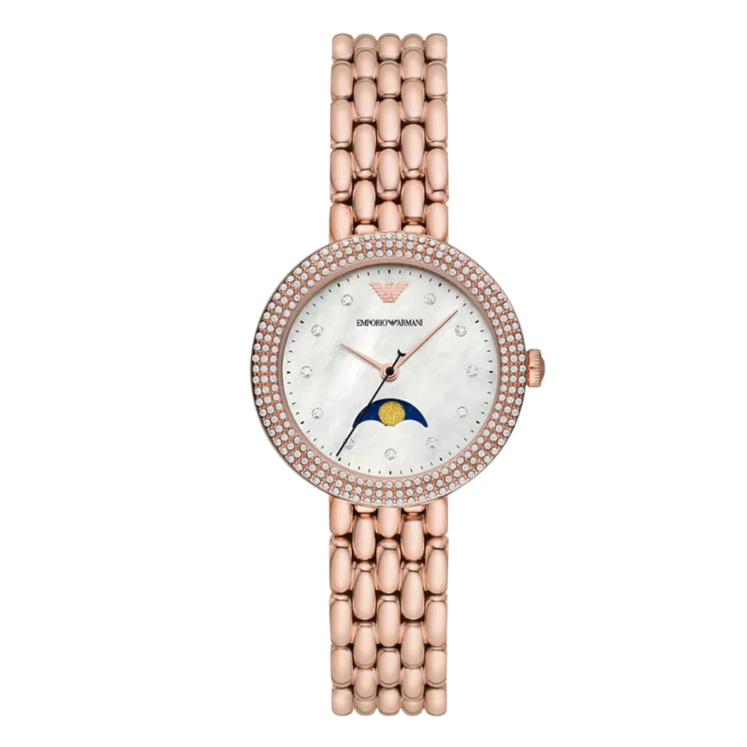 Emporio Armani Moonphase Rose Gold Stainless Steel Mother Of Pearl Dial Quartz Watch for Ladies - AR11462
