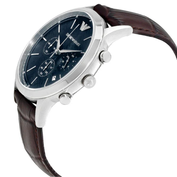EMPORIO ARMANI Renato Black Leather Strap Dark Blue Dial Chronograph Quartz Watch for Gents - AR2494 - Image 3