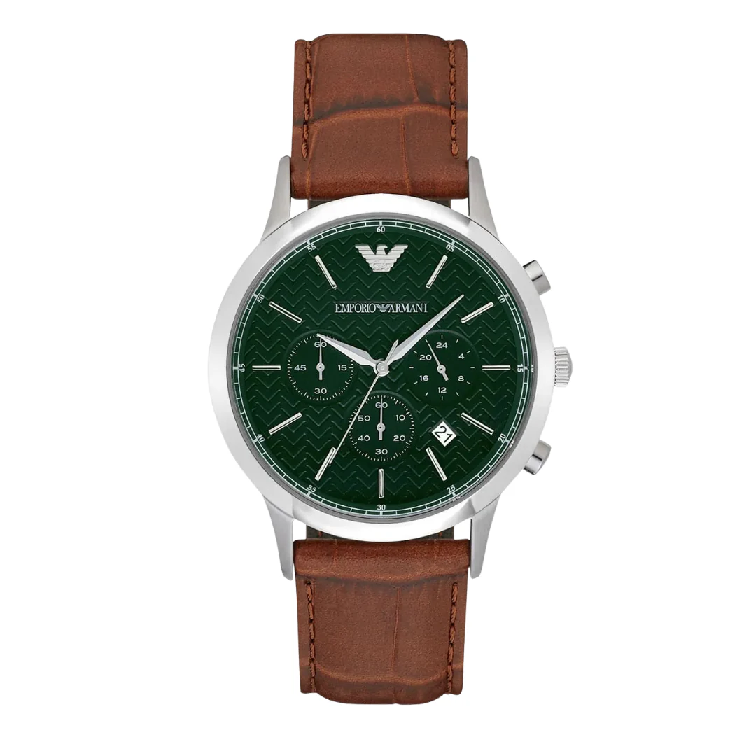 EMPORIO ARMANI Renato Brown Leather Strap Green Dial Chronograph Quartz Watch for Gents - EMPORIO ARMANI AR2493