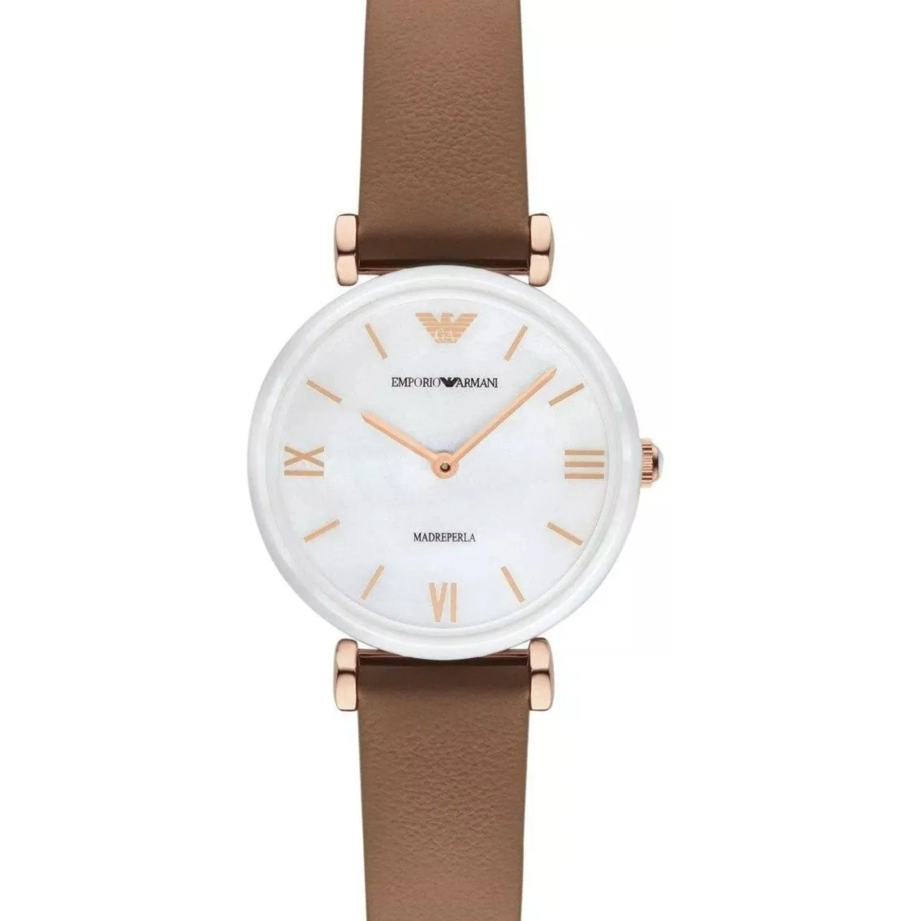 Emporio Armani Retro Brown Leather Strap Mother Of Pearl Dial Quartz Watch for Ladies - AR11040