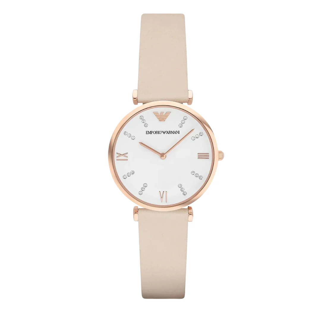 Emporio Armani Retro Cream Leather Strap White Dial Quartz Watch for Ladies - AR1927