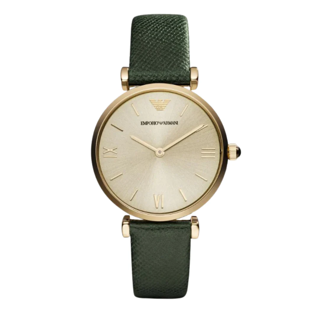 EMPORIO ARMANI Retro Green Leather Champagne Dial Quartz Watch for Ladies- EMPORIO ARMANI AR 1726
