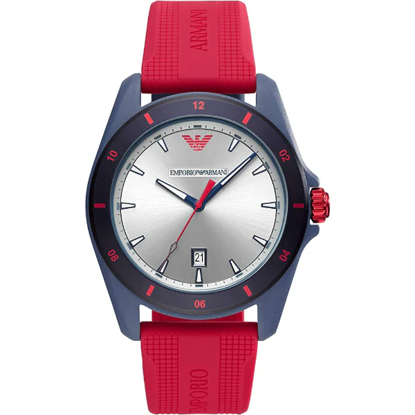 EMPORIO ARMANI Sigma Red Silicone Strap Silver Dial Quartz Watch for Gents - EMPORIO ARMANI AR 11219