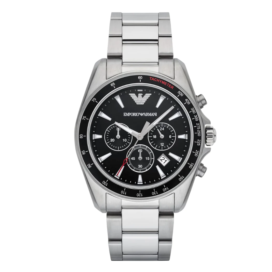 Emporio Armani Sigma Silver Stainless Steel Black Dial Chronograph Quartz Watch for Gents - AR6098