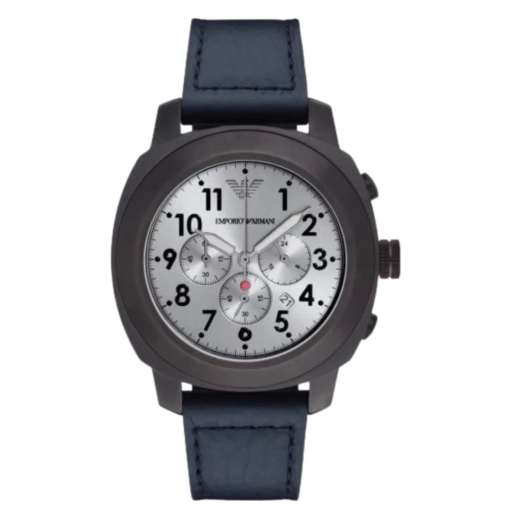 EMPORIO ARMANI Silver Dial Blue Leather Strap Chronograph Watch For Gents - AR6086