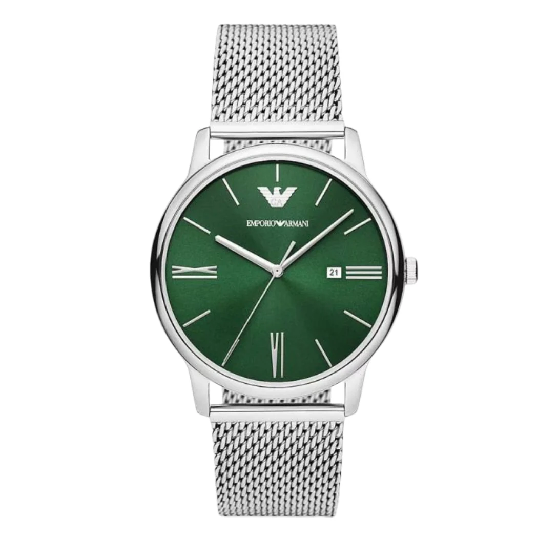 Emporio Armani Silver Mesh Bracelet Green Dial Quartz Watch for Gents - AR11578