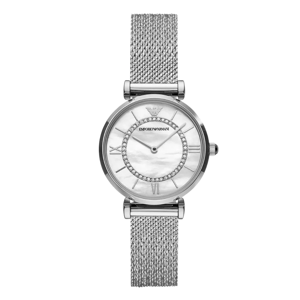Emporio Armani Gianni T-Bar Silver Mesh Bracelet Mother Of Pearl Dial Quartz Watch for Ladies - AR11319