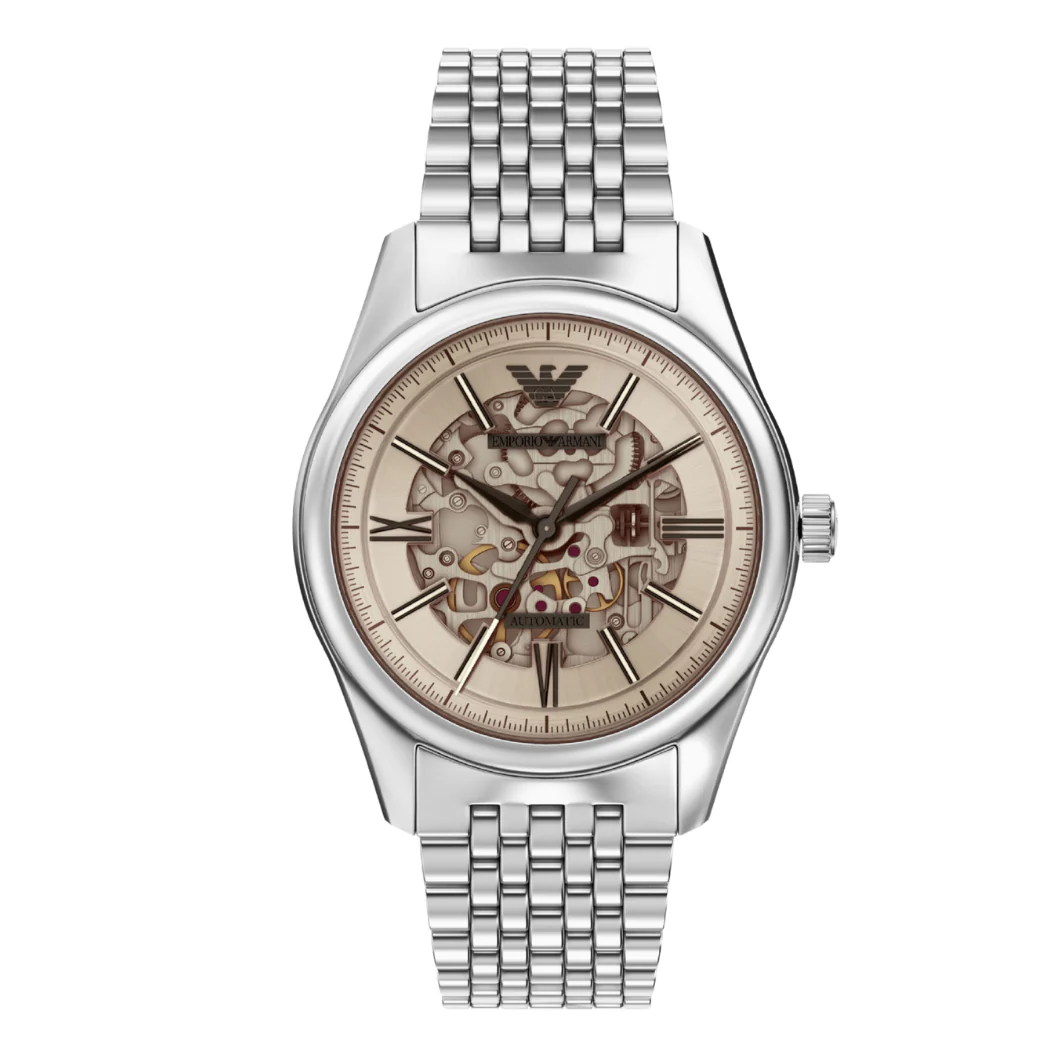 Emporio Armani Silver Stainless Steel Beige Dial Automatic Watch for Gents - Emporio Armani AR-60095