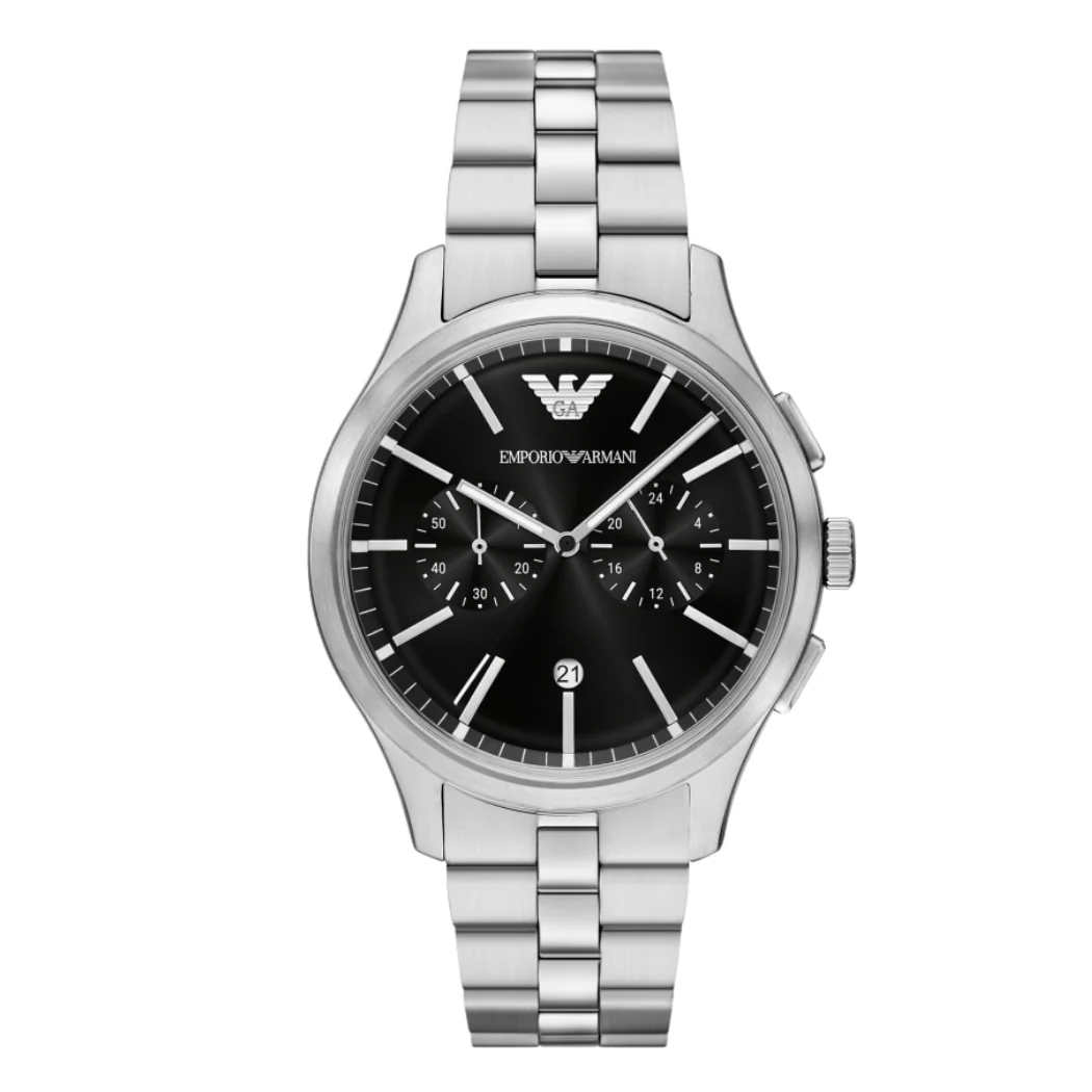 Emporio Armani Silver Stainless Steel Black Dial Chronograph Quartz Watch for Gents - Emporio Armani AR-11691