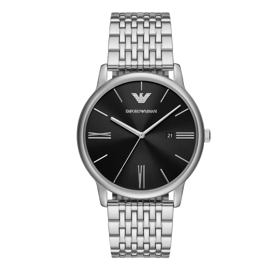 Emporio Armani Silver Stainless Steel Black Dial Quartz Watch for Gents - AR11600