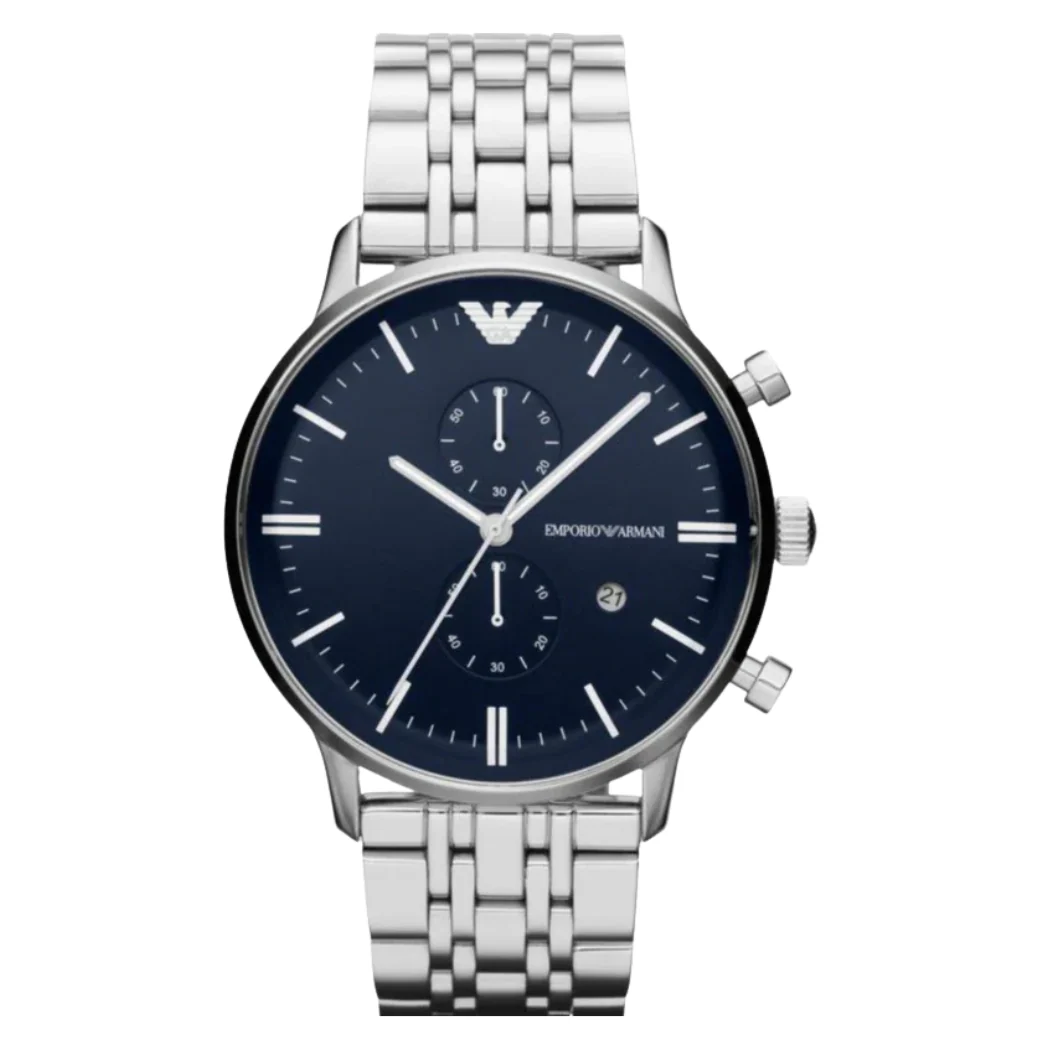 EMPORIO ARMANI Silver Stainless Steel Blue Dial Chronograph Quartz Watch for Gents - AR80013