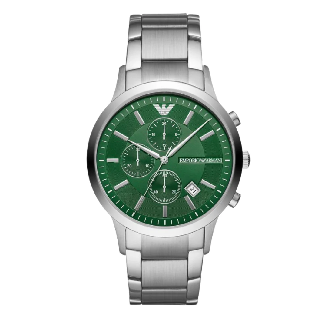 EMPORIO ARMANI Silver Stainless Steel Green Dial Quartz Watch for Gents - AR11507