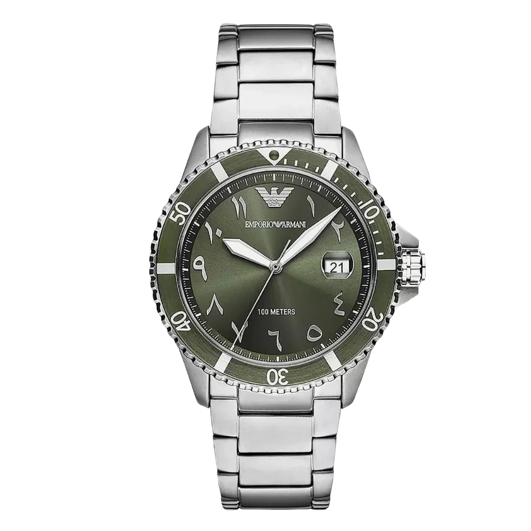 Emporio Armani Silver Stainless Steel Green Dial Quartz Watch for Gents - AR80072
