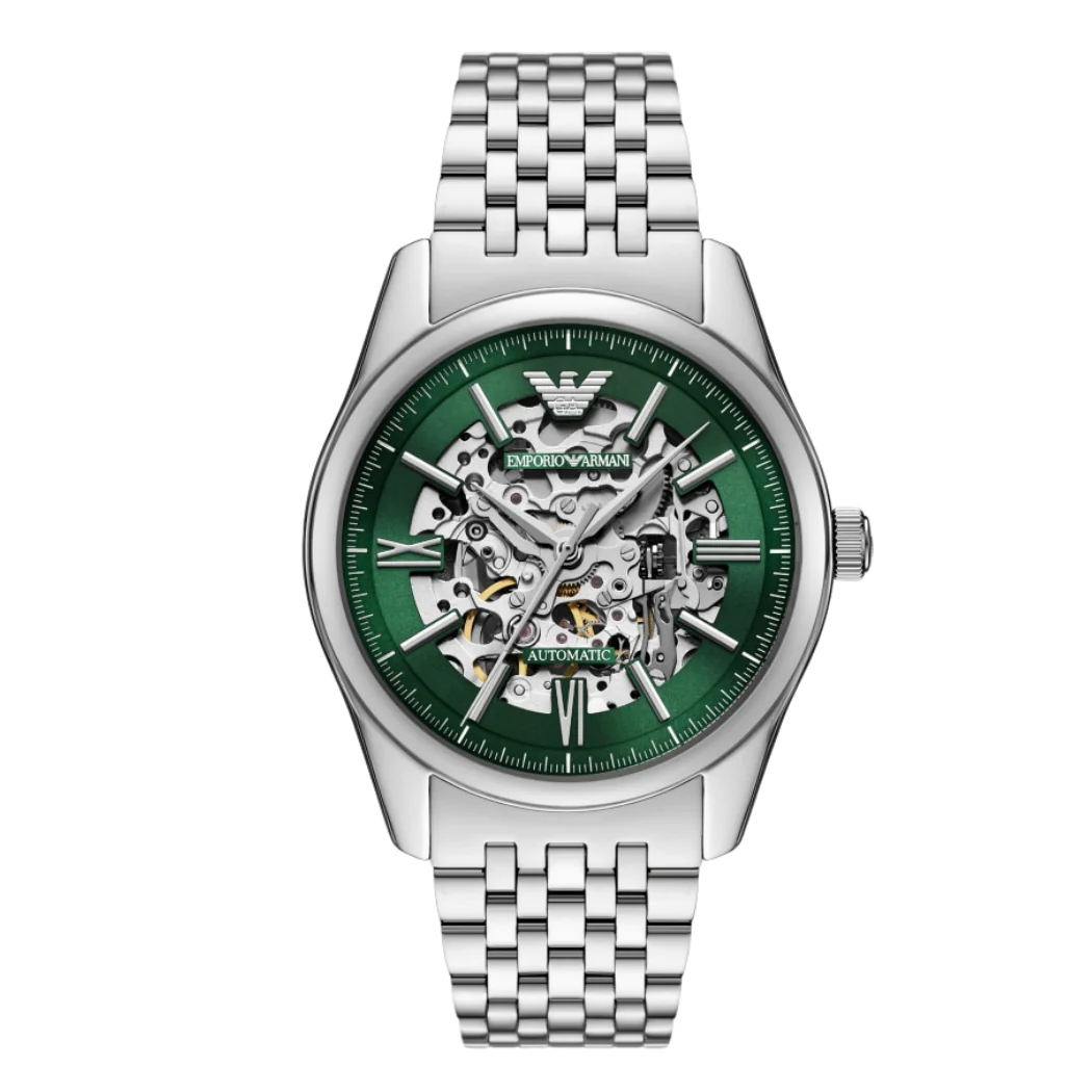Emporio Armani Skeleton Silver Stainless Steel Green Dial Automatic Watch for Gents - Emporio Armani AR-60091