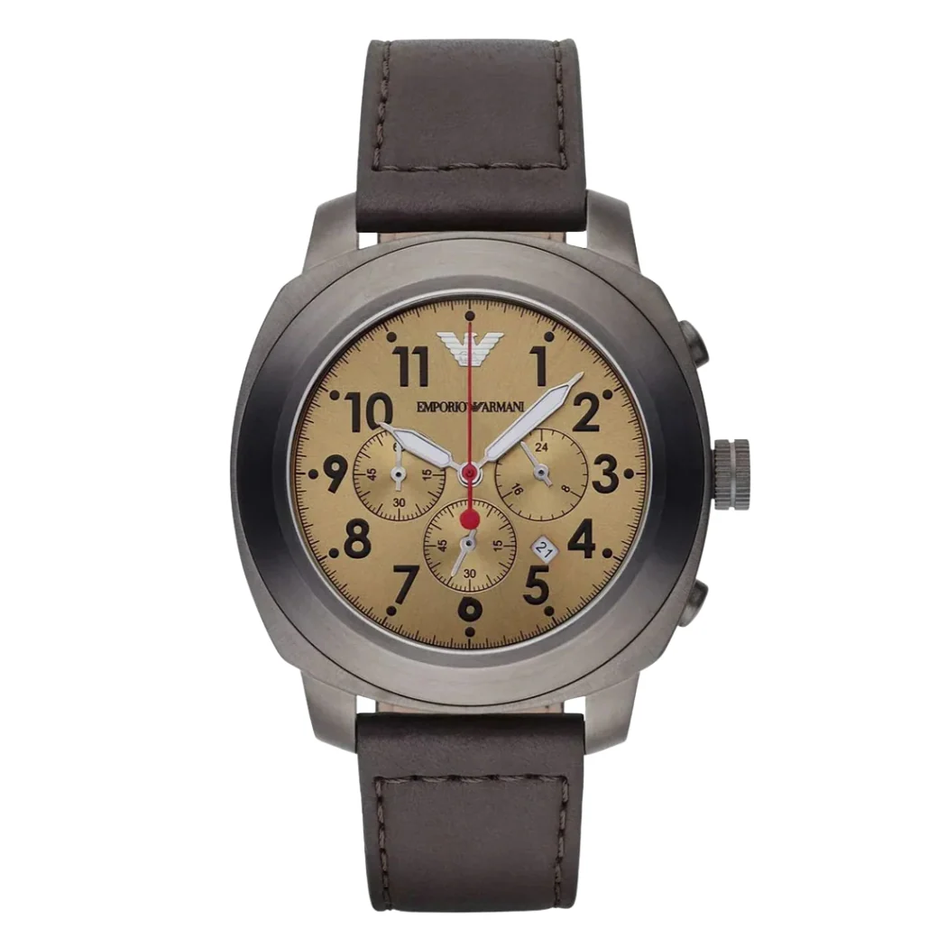 EMPORIO ARMANI Sportivo Brown Leather Gold Sunray Dial Quartz Watch for Gents- EMPORIO ARMANI AR 6055