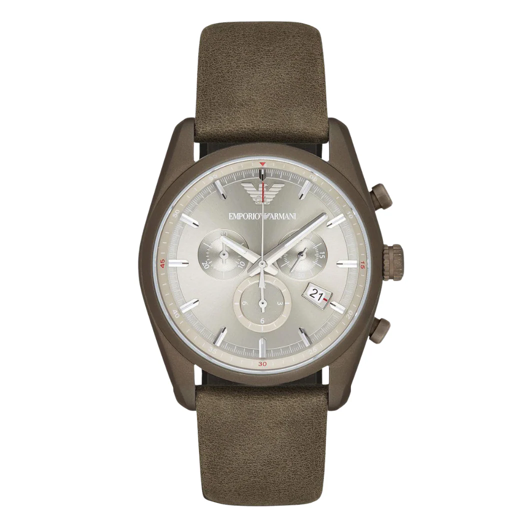 EMPORIO ARMANI Sportivo Brown Leather Silver Dial Quartz Watch for Gents- EMPORIO ARMANI AR 6076