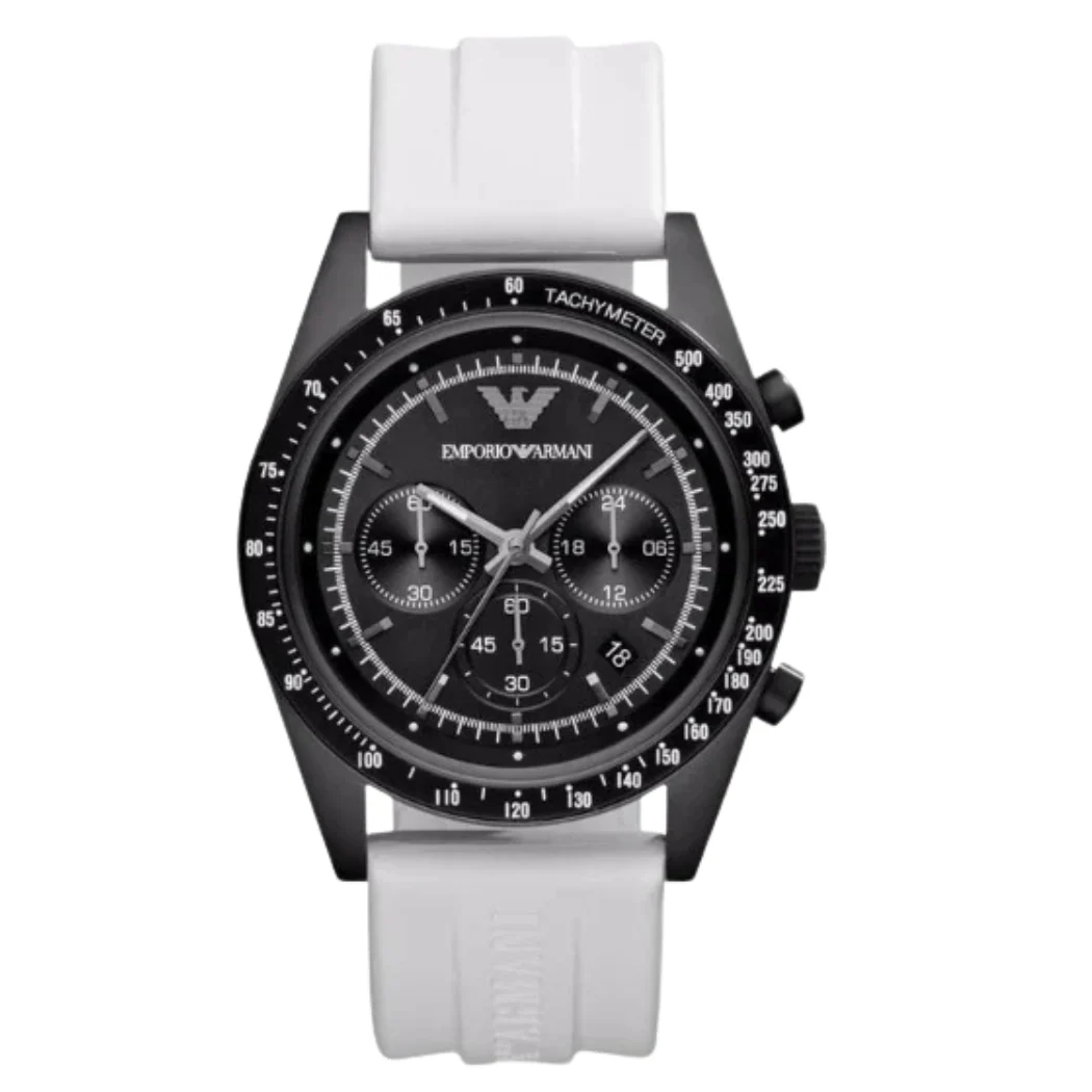 EMPORIO ARMANI Sportivo White Rubber Strap Black Dial Chronograph Quartz Watch for Gents - AR6112
