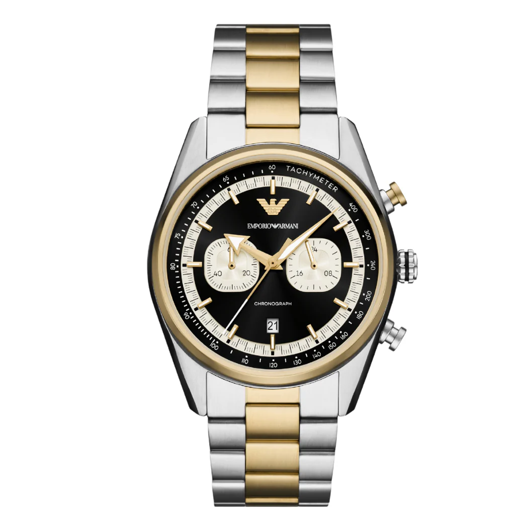 Emporio Armani Two-Tone Stainless Steel Black Dial Chronograph Quartz Watch for Gents - AR11678