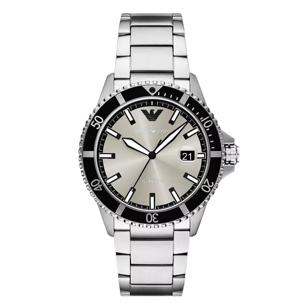 EMPORIO ARMANI World Explorer Silver Stainless Steel Grey Dial Quartz Watch for Gents - A11683