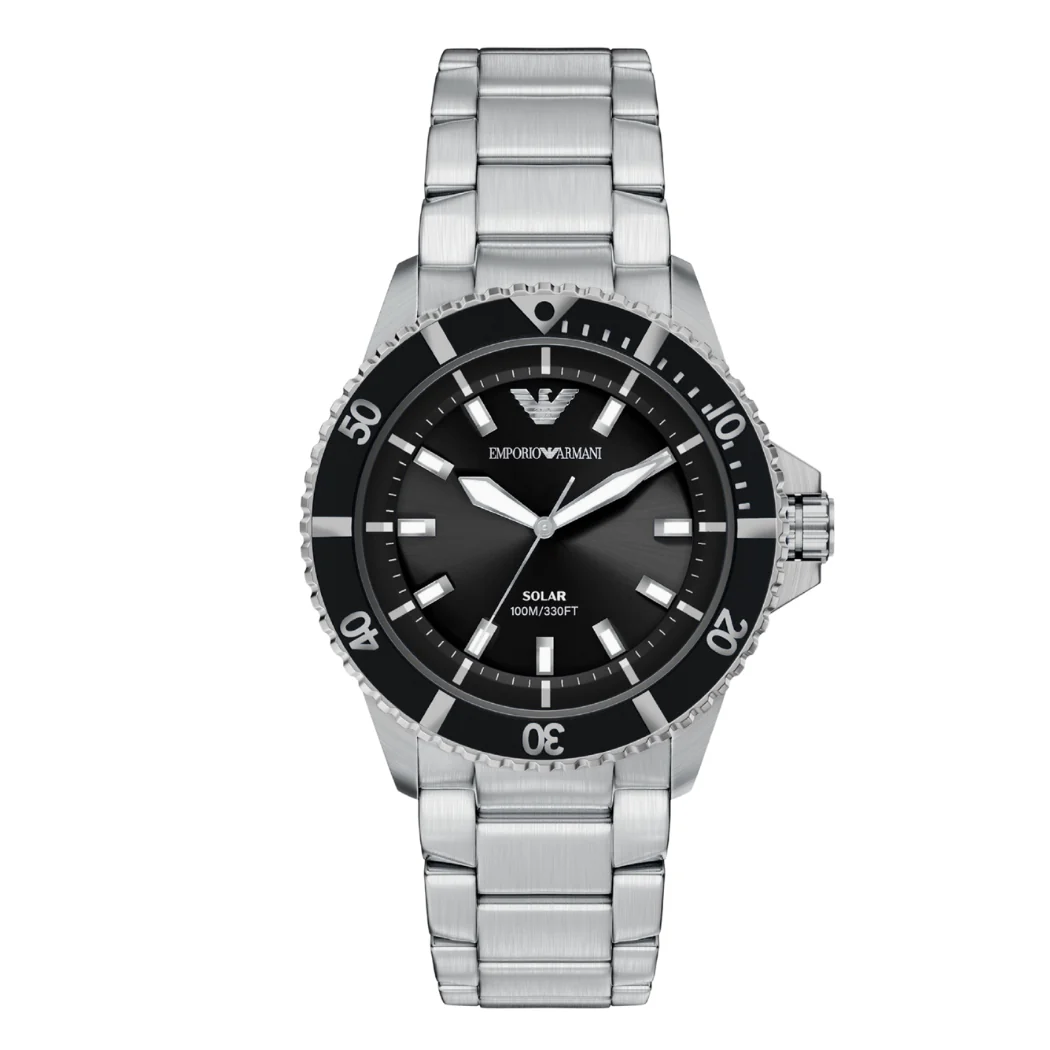 Emporio Armani World Explorer Solar Silver Stainless Steel Black Dial Quartz Watch for Gents - Emporio Armani AR-11787