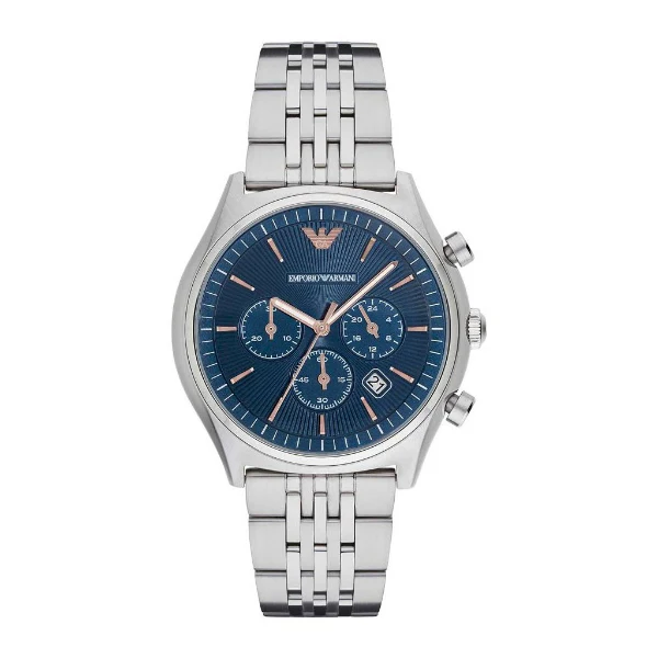 EMPORIO ARMANI Zeta Silver Stainless Steel Blue Dial Quartz Watch for Gents- EMPORIO ARMANI AR 1974
