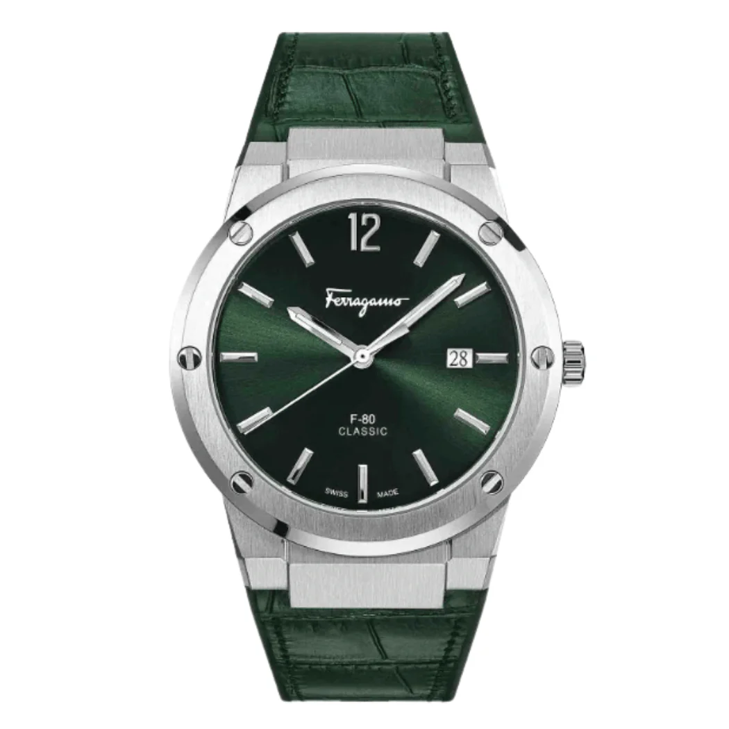 Ferragamo F-80 Classic Green Leather Strap Green Dial Quartz Watch For Gents - Sfdt00119
