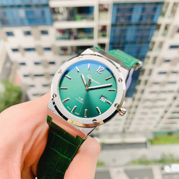 Ferragamo F-80 Classic Green Leather Strap Green Dial Quartz Watch For Gents - Sfdt00119 - Image 4
