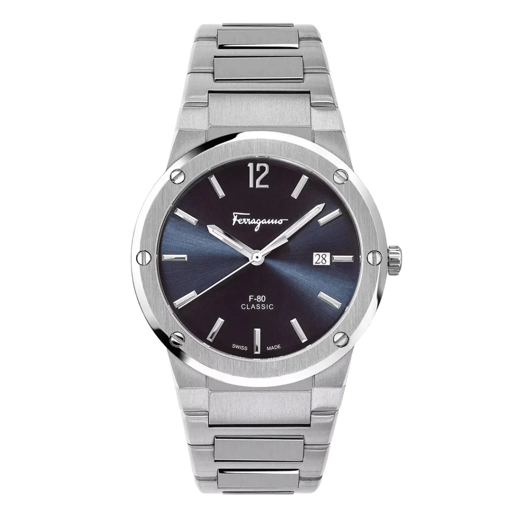 Ferragamo F-80 Silver Stainless Steel Black Dial Quartz Watch for Gents - SFDT00239