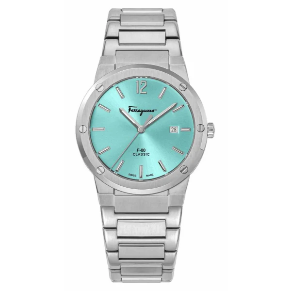 Ferragamo F-80 Silver Stainless Steel Tiffany Blue Dial Quartz Watch for Gents - SFDT02323