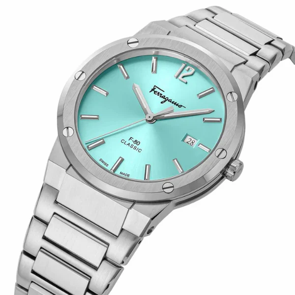Ferragamo F-80 Silver Stainless Steel Tiffany Blue Dial Quartz Watch for Gents - SFDT02323 - Image 2