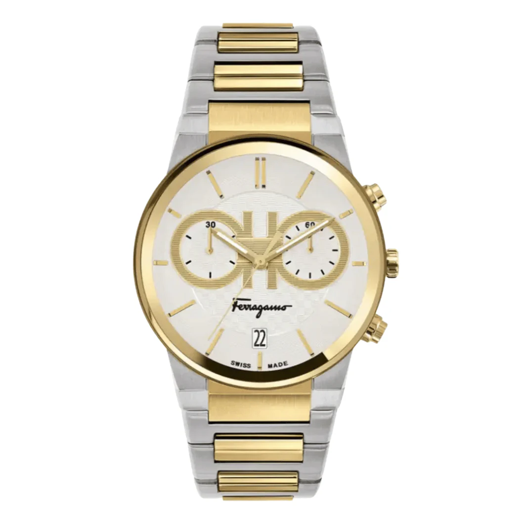 Ferragamo Sapphire Two-Tone Stainless Steel White Dial Chronograph Quartz Watch For Gents - Sfme00821