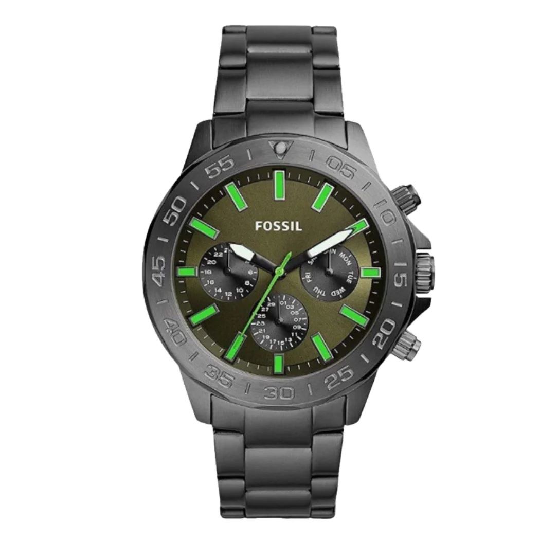 Fossil Bannon Multifunction Gray Stainless Steel Green Dial Chronograph Quartz Watch for Gents - BQ2504
