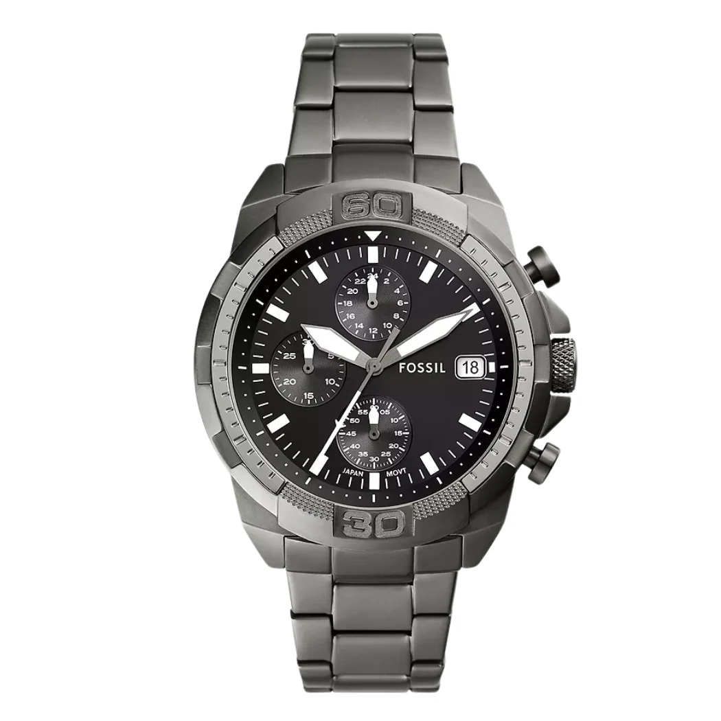 Fossil Bronson Smoke Stainless Steel Black Dial Chronograph Quartz Watch for Gents - FS5852