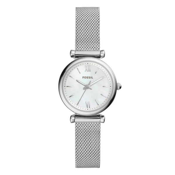 Fossil Carlie Silver Mesh Bracelet Mother of pearl Dial Quartz Watch for Ladies - ES4432
