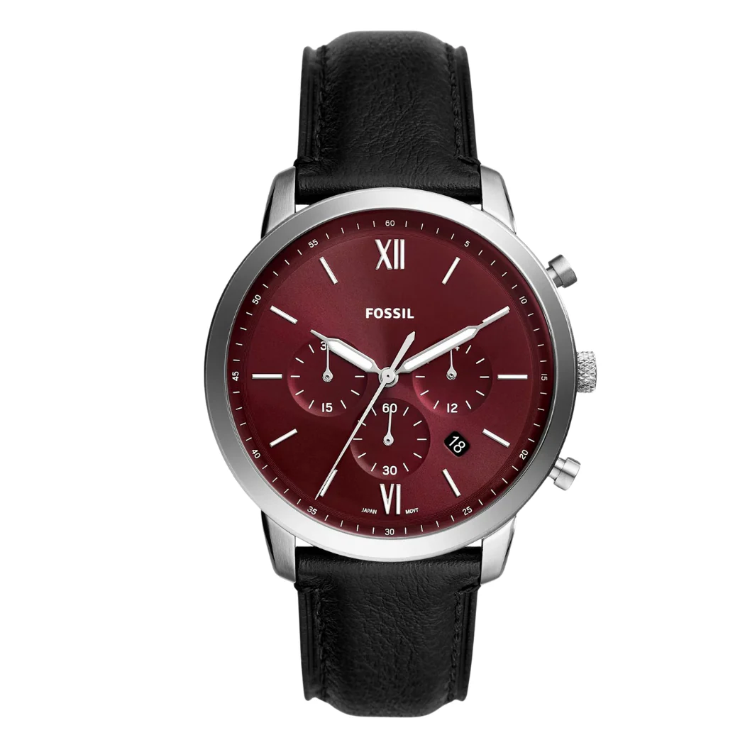 Fossil Chronograph Black Leather Strap Red Dial Neutra Quartz Watch for Gents - FS-6016