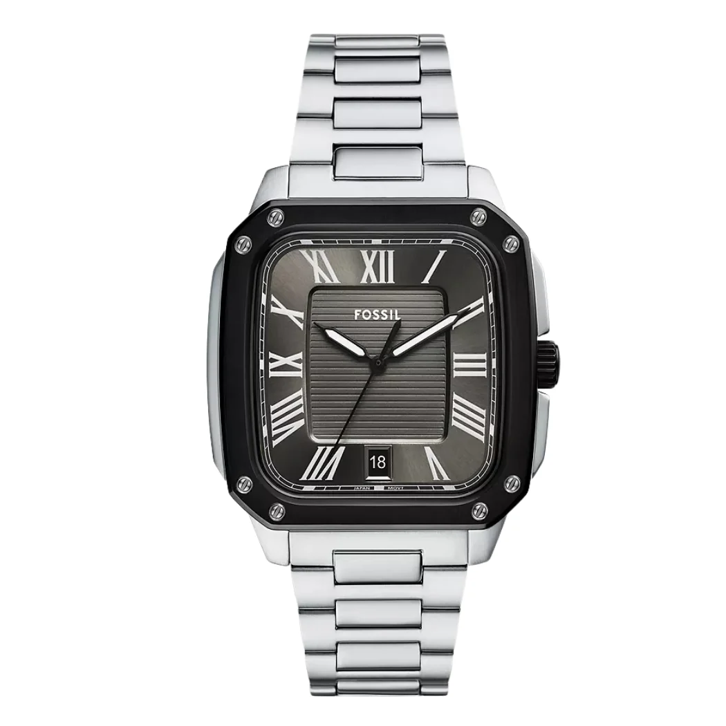Fossil Crosby Silver Stainless Steel Black Dial Quartz Watch for Gents - F6122