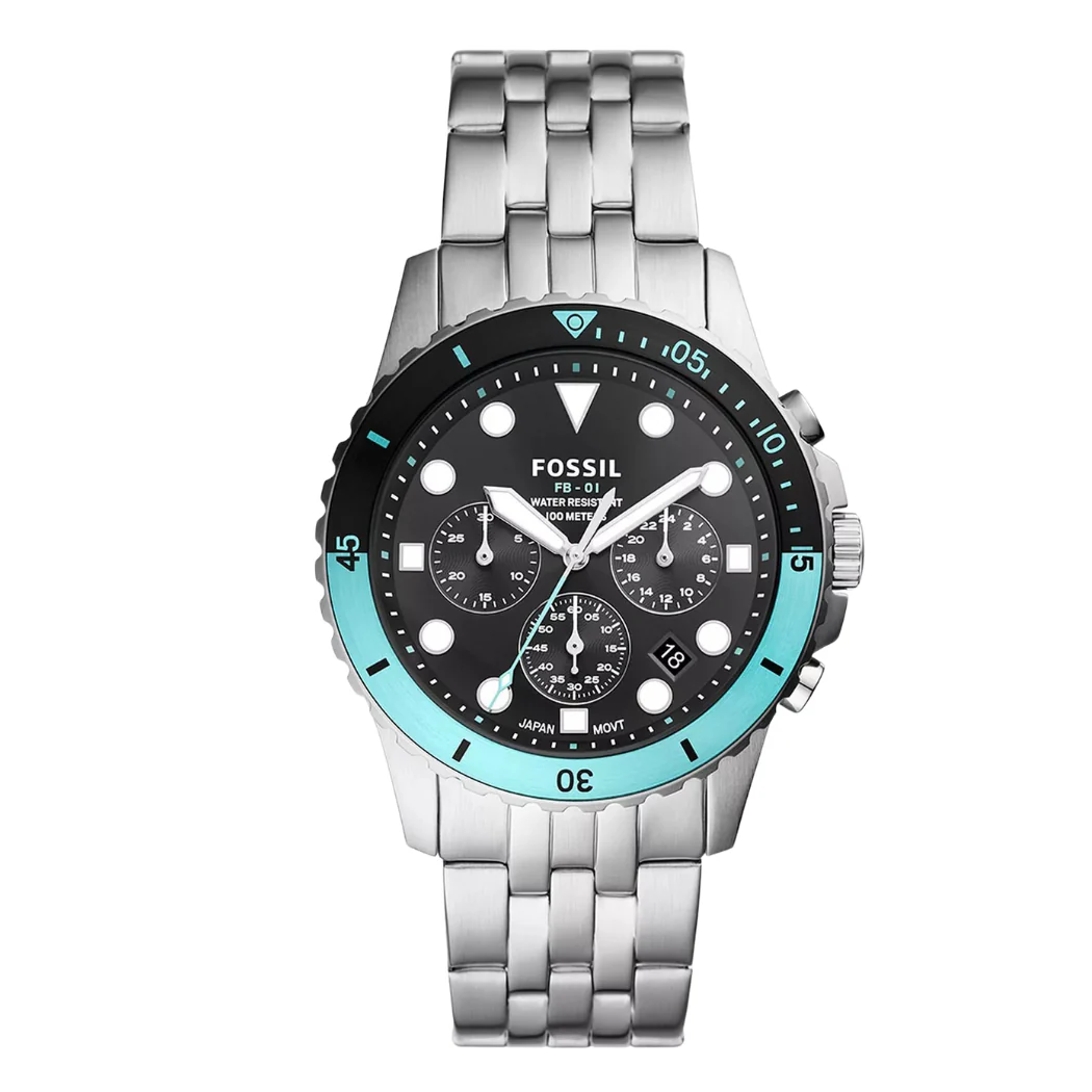 Fossil FB-01 Silver Stainless Steel Black Dial Chronograph Quartz Watch for Gents - FS5827