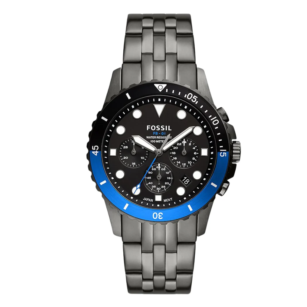 Fossil FB-01 Smoke Stainless Steel Black Dial Chronograph Quartz Watch for Gents - FS5835