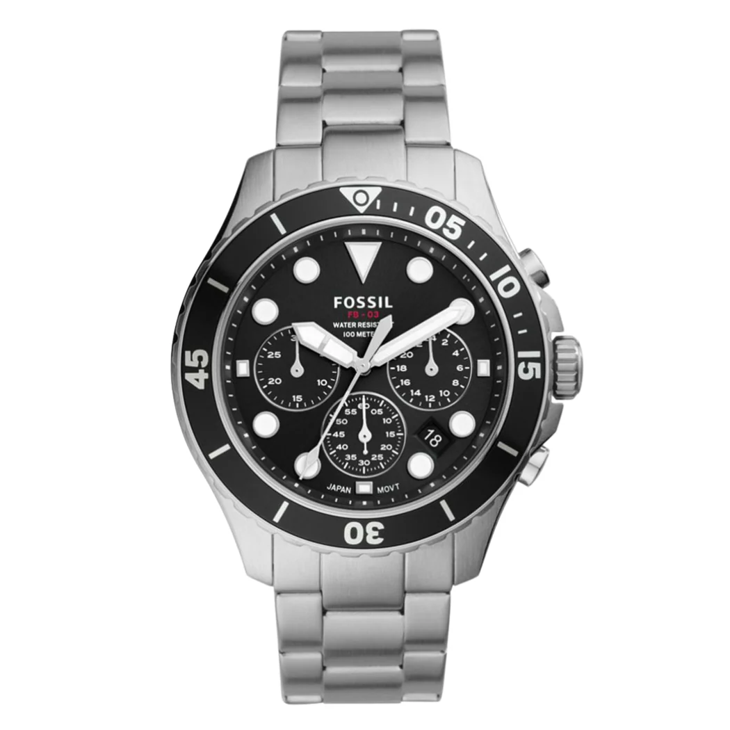 Fossil FB-03 Silver Stainless Steel Black Dial Chronograph Quartz Watch for Gents - FS5725