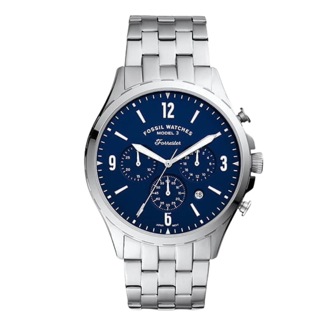 Fossil Forrester Silver Stainless Steel Blue Dial Chronograph Quartz Watch for Gents - FS5605