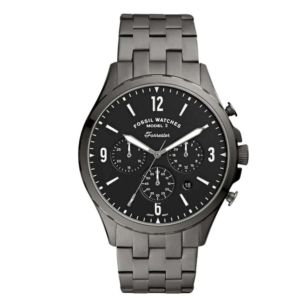 Fossil Forrester Smoke Stainless Steel Black Dial Chronograph Quartz Watch for Gents - FS5606