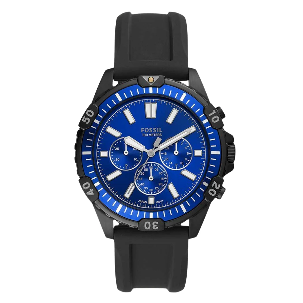 Fossil Garrett Black Silicone Strap Blue Dial Chronograph Quartz Watch for Gents - FS5695