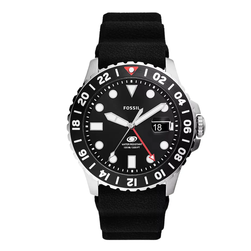 Fossil GMT Black Silicone Strap Black Dial Quartz Watch for Gents - F6036