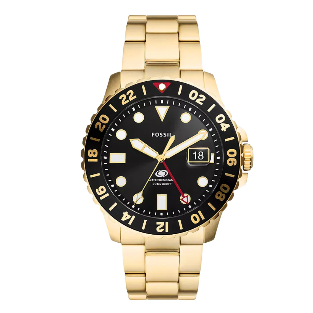 Fossil GMT Gold Stainless Steel Black Dial Quartz Watch for Gents - F5990