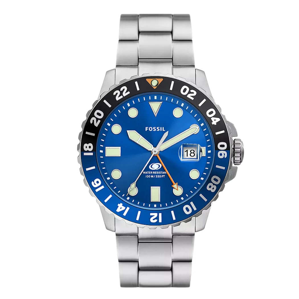 Fossil GMT Silver Stainless Steel Blue Dial Quartz Watch for Gents - F5991