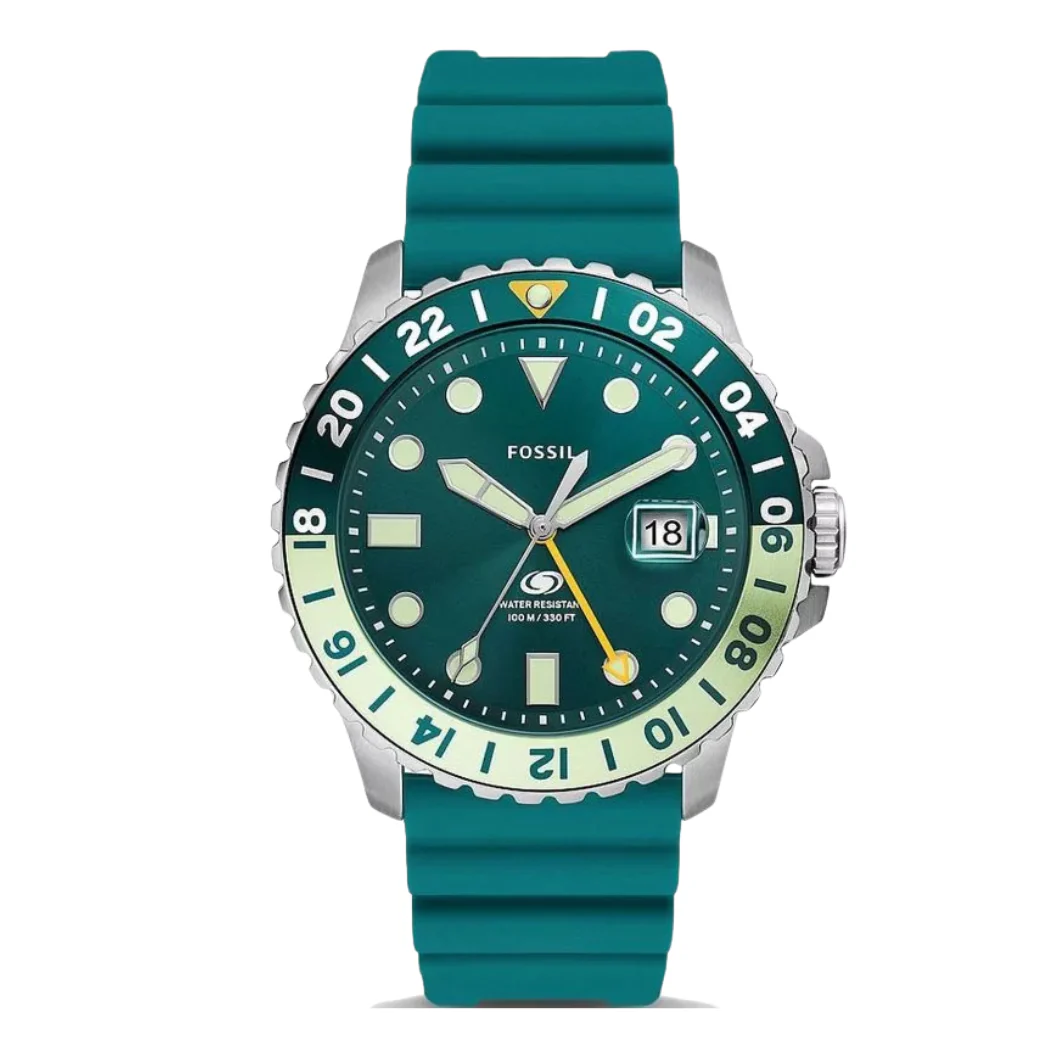 Fossil GMT Teal Blue Silicone Strap Teal Blue Dial Quartz Watch for Gents - F5992