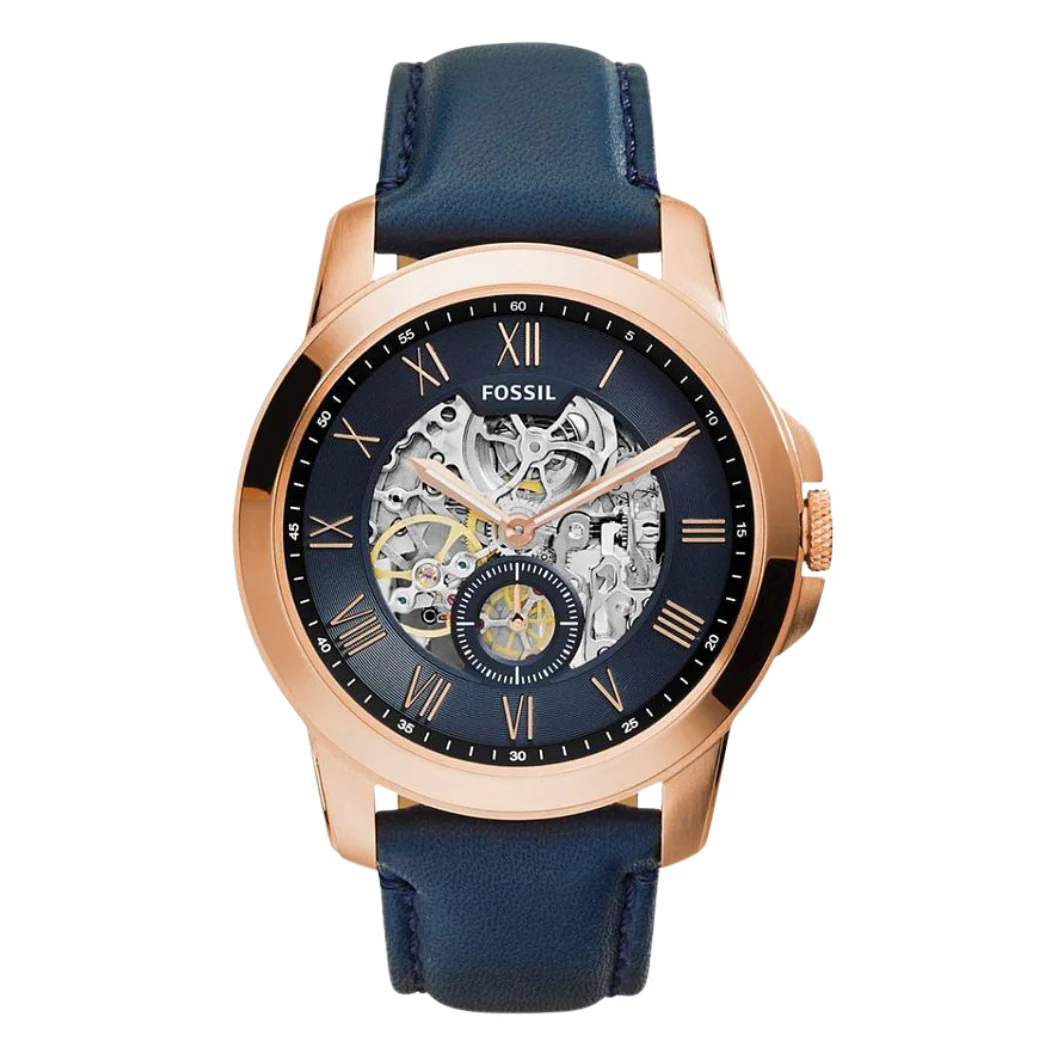 Fossil Grant Blue Leather Strap Skeleton Dial Automatic Watch for Gents - ME3029