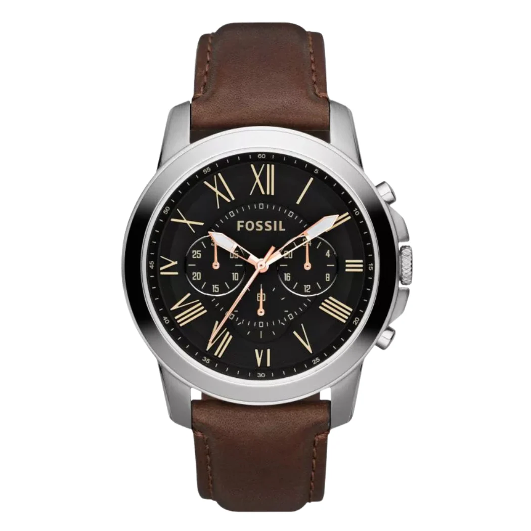 Fossil Grant Brown Leather Strap Black Dial Chronograph Quartz Watch for Gents - FS4813